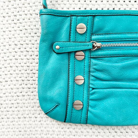 B Makowsky Bright Teal Blue Soft Leather Slim Ruched Front Studded Crossbody Bag - Picture 4 of 7